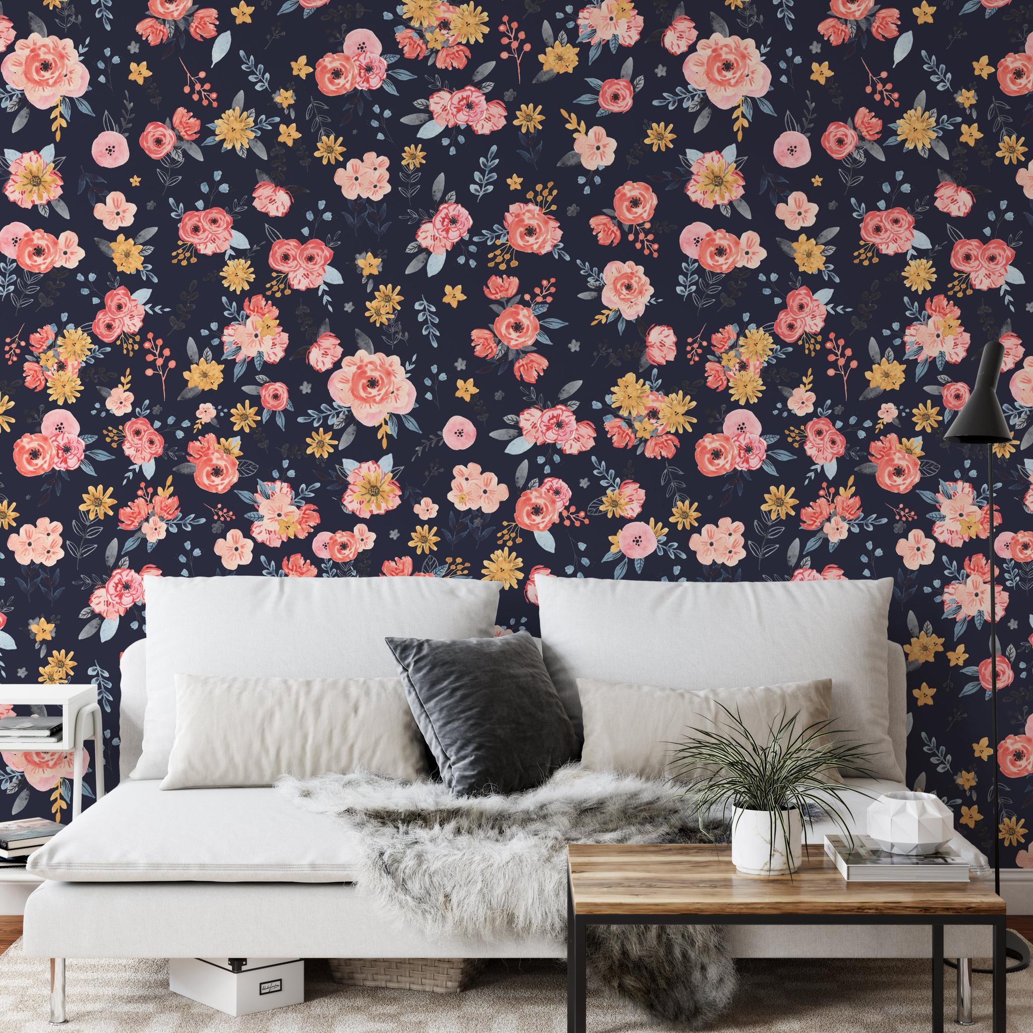 In Bloom (Navy) Wallpaper