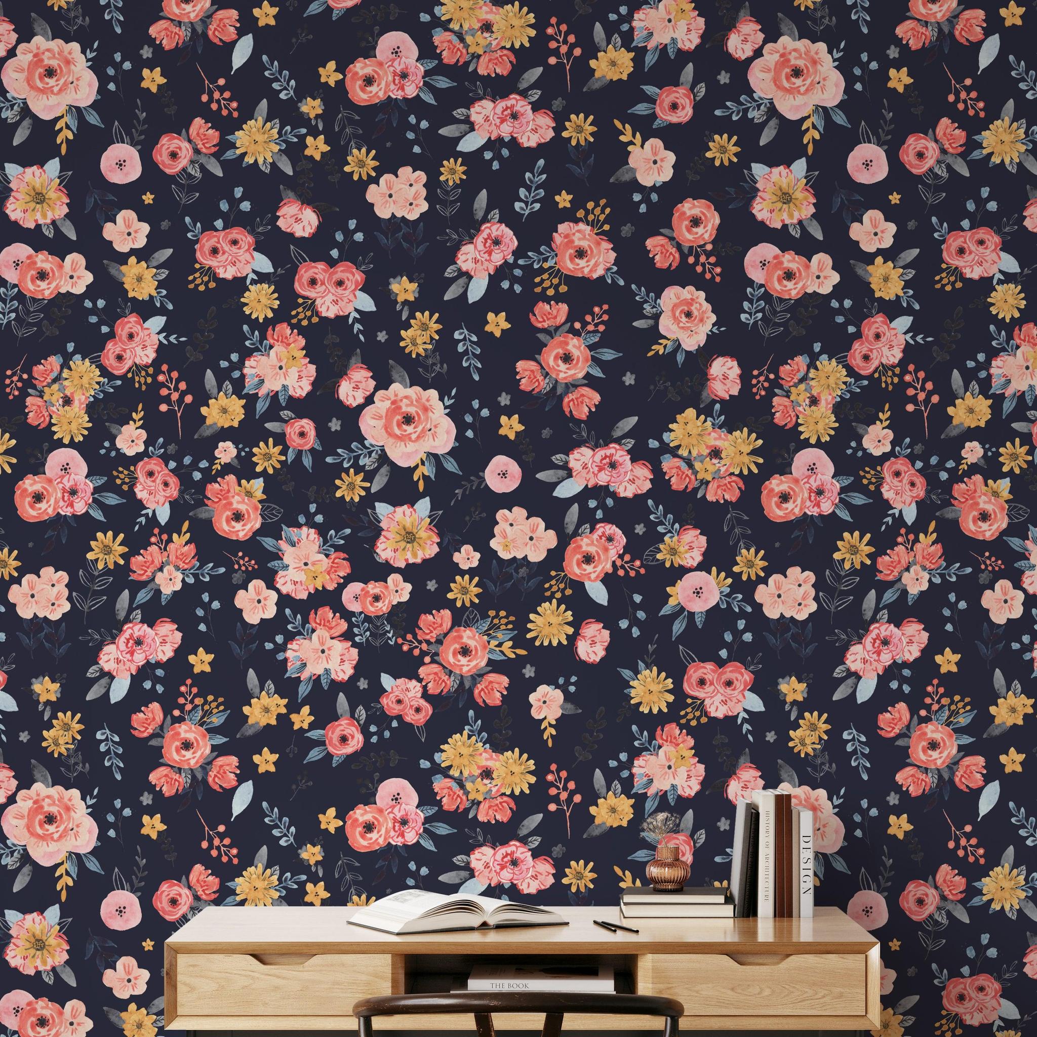 In Bloom (Navy) Wallpaper